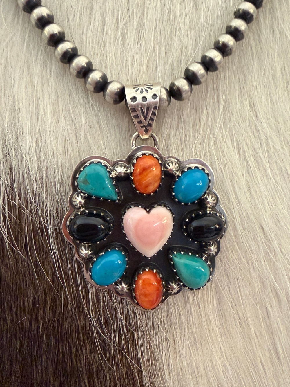 ❤️ MultiStone Turquoise Spiny Oyster Pink Conch Onyx Statement Pendant 12.3 Gms - Picture 6 of 13
